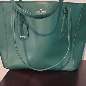 kate spade teal leather tote with gold logo